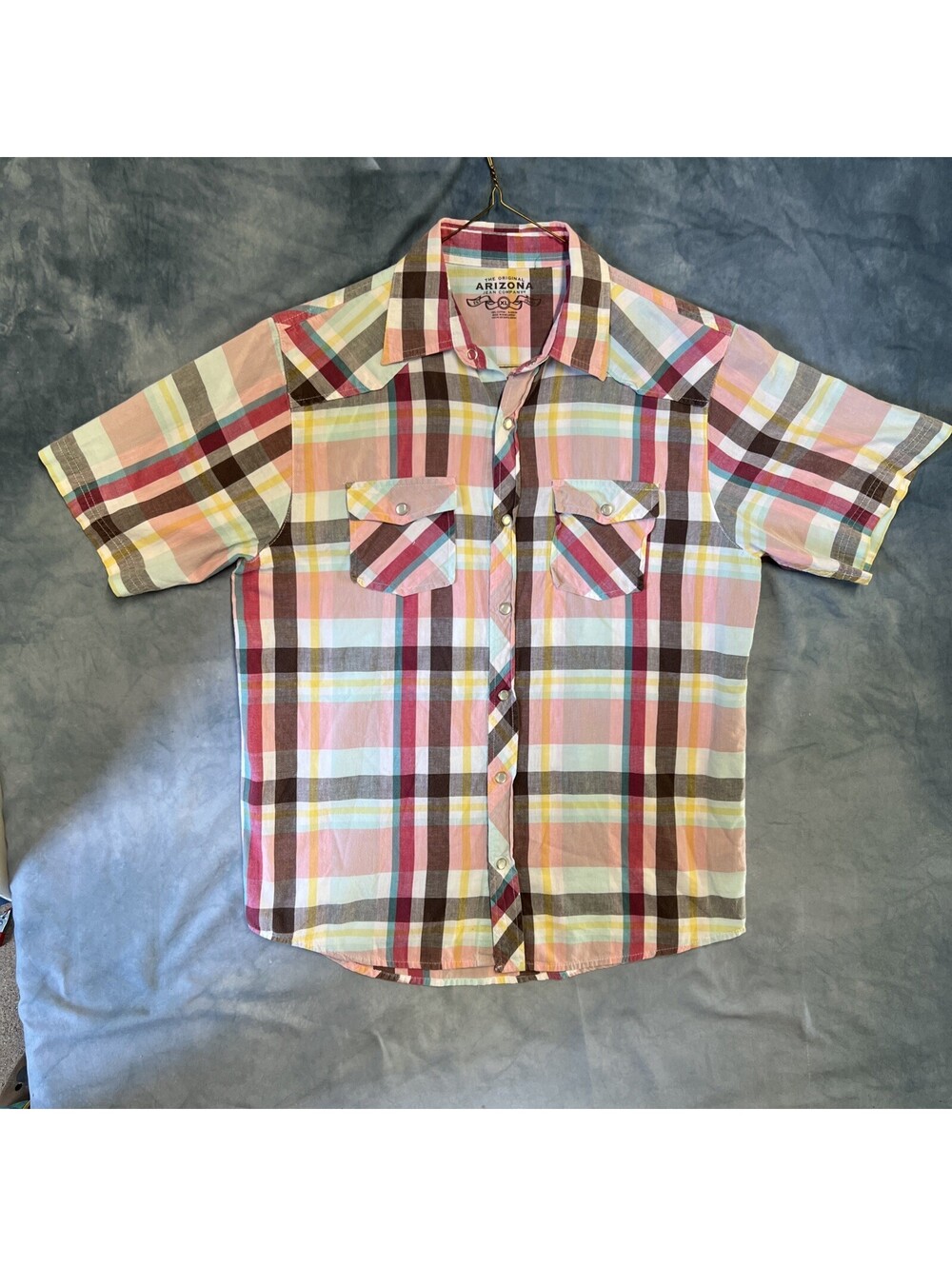 Arizona Jean Co. Plaid Short Sleeve Button Up Shirt XL Cotton Pink Blue 1218-2H